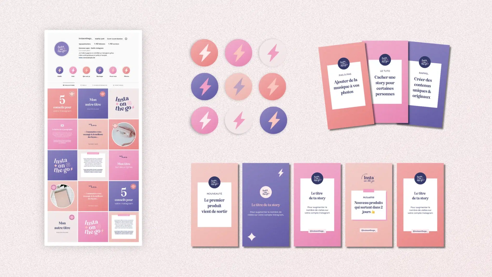 Kit Instagram Canva avec modèles de posts créé par Julie Goudier pour l'identité visuelle de Vanessa Lopes d'Insta on the Go
