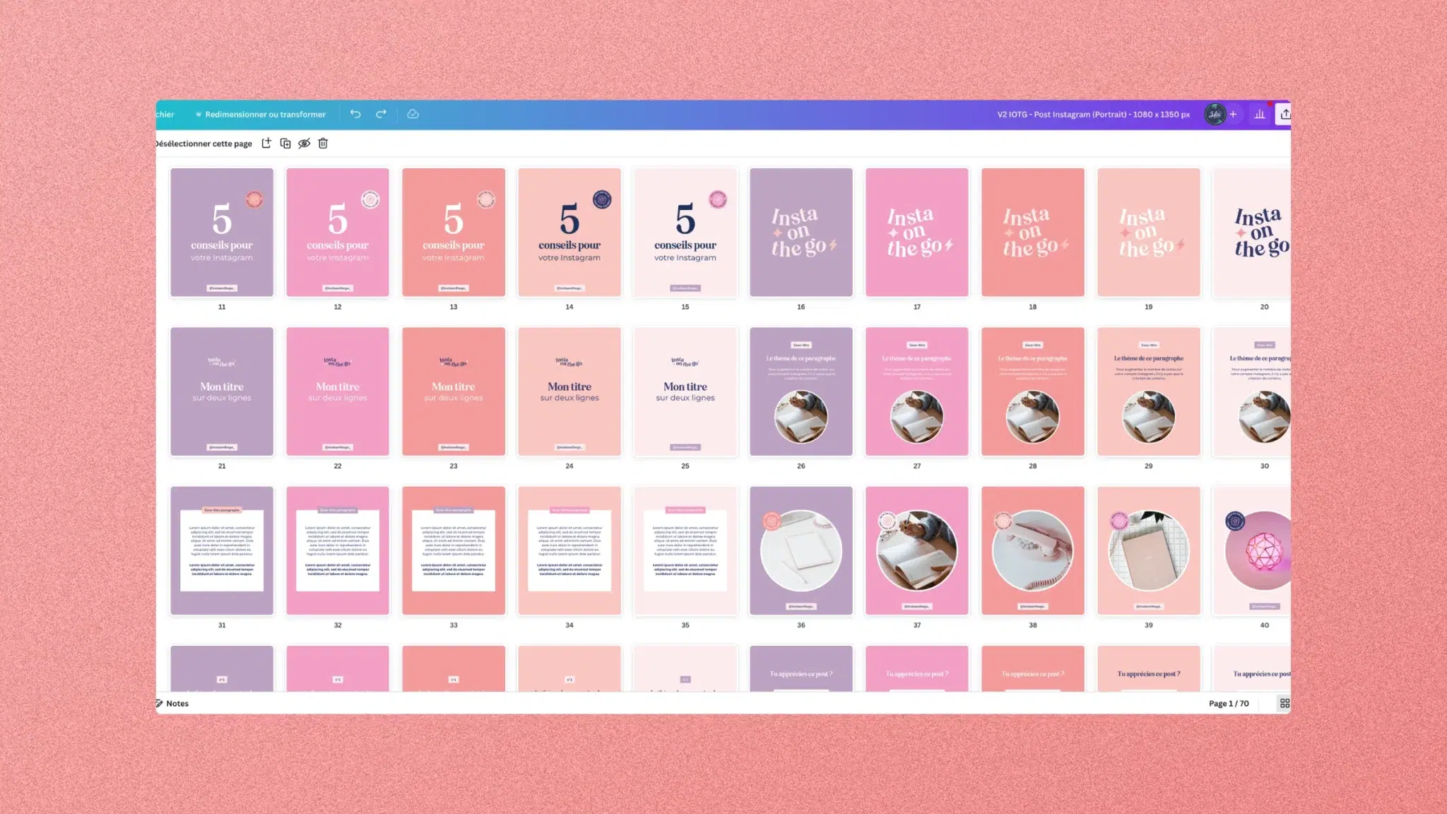 Kit Instagram Canva avec modèles de posts créé par Julie Goudier pour l'identité visuelle de Vanessa Lopes d'Insta on the Go