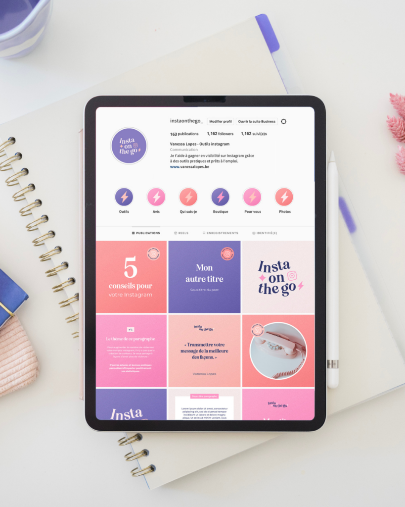Mockup de Feed instagram créé par Julie Goudier pour l'identité visuelle de Vanessa Lopes d'Insta on the Go