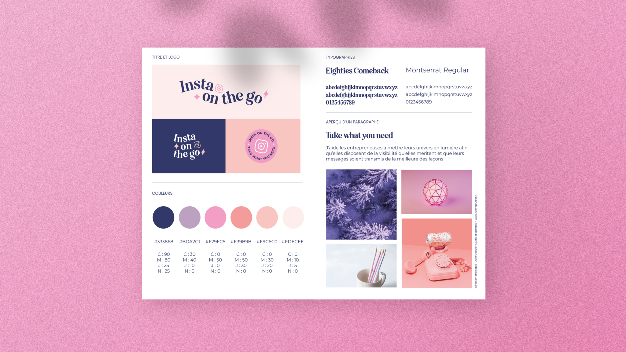Brandboard créé par Julie Goudier pour l'identité visuelle de Vanessa Lopes de l'entreprise Insta on the go
