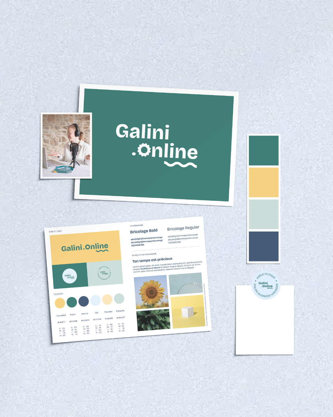 Le branding de Adèle Feyssat de l'entreprise Galini.online créé par Julie Goudier, graphiste indépendante à Nantes