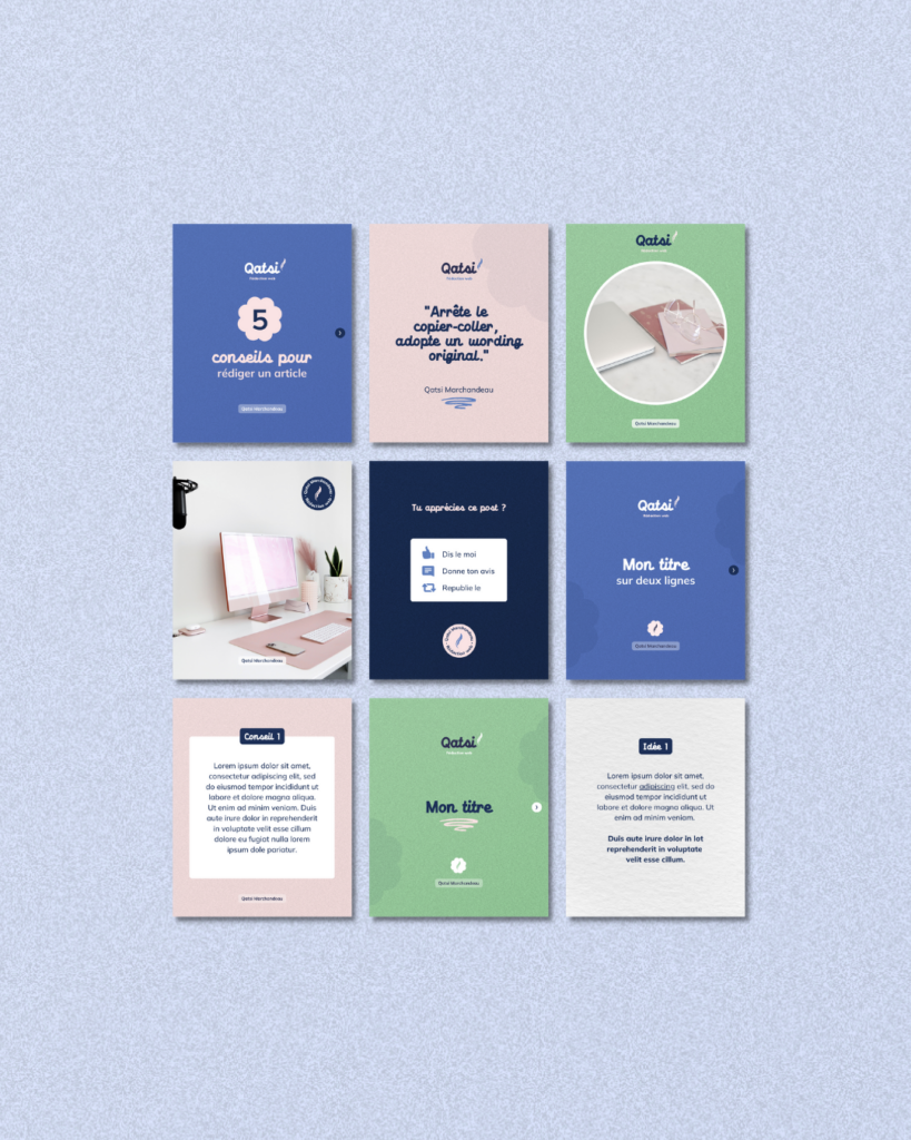 Kit Instagram sur Canva créés par Julie Goudier pour l'identité visuelle de Qatsi de l'entreprise Qatsi Rédaction web