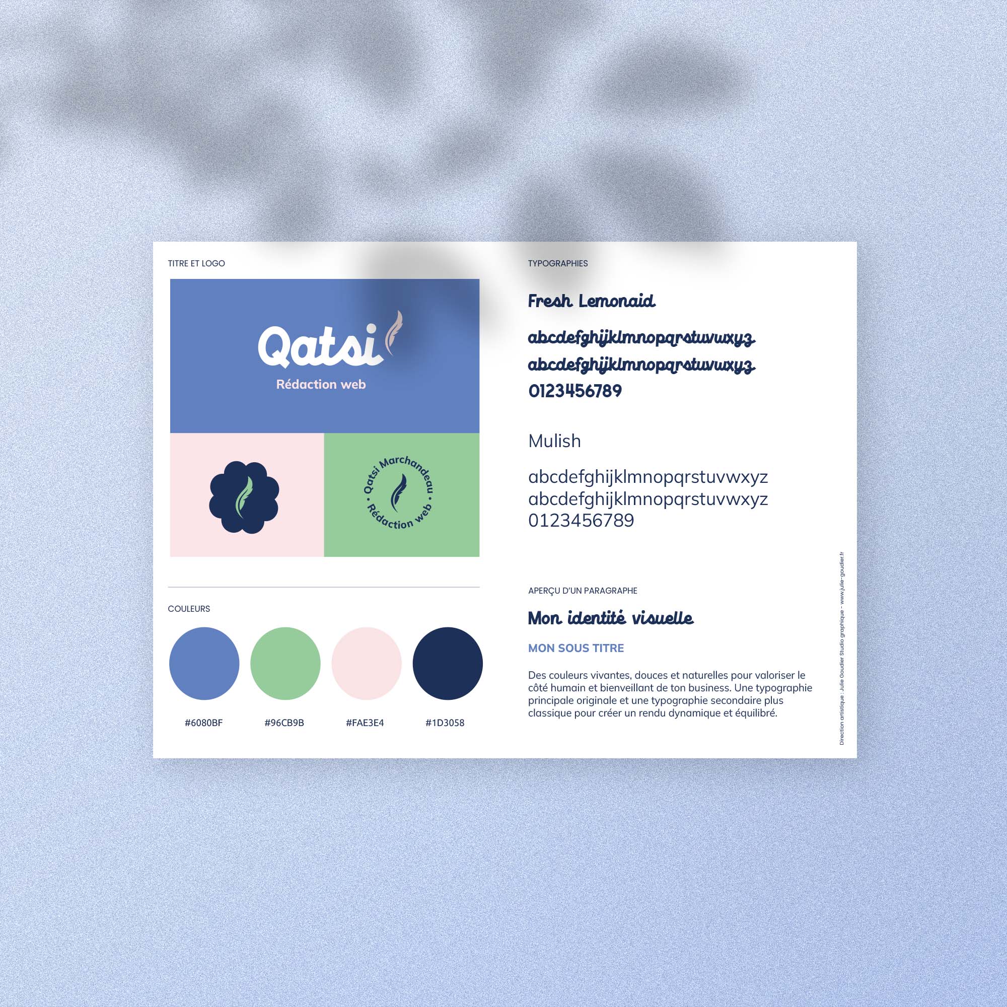 Brandboard créé par Julie Goudier pour l'identité visuelle de Qatsi de l'entreprise Qatsi Rédaction web