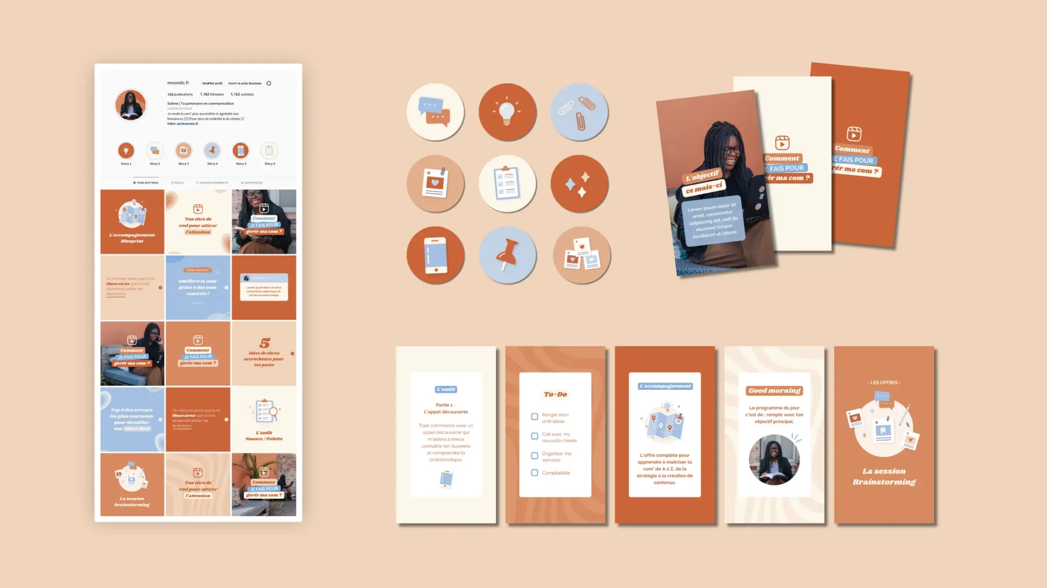 Kit réseaux sociaux Canva créés par Julie Goudier pour l'identité visuelle de Solene Mizele de Moondo communication