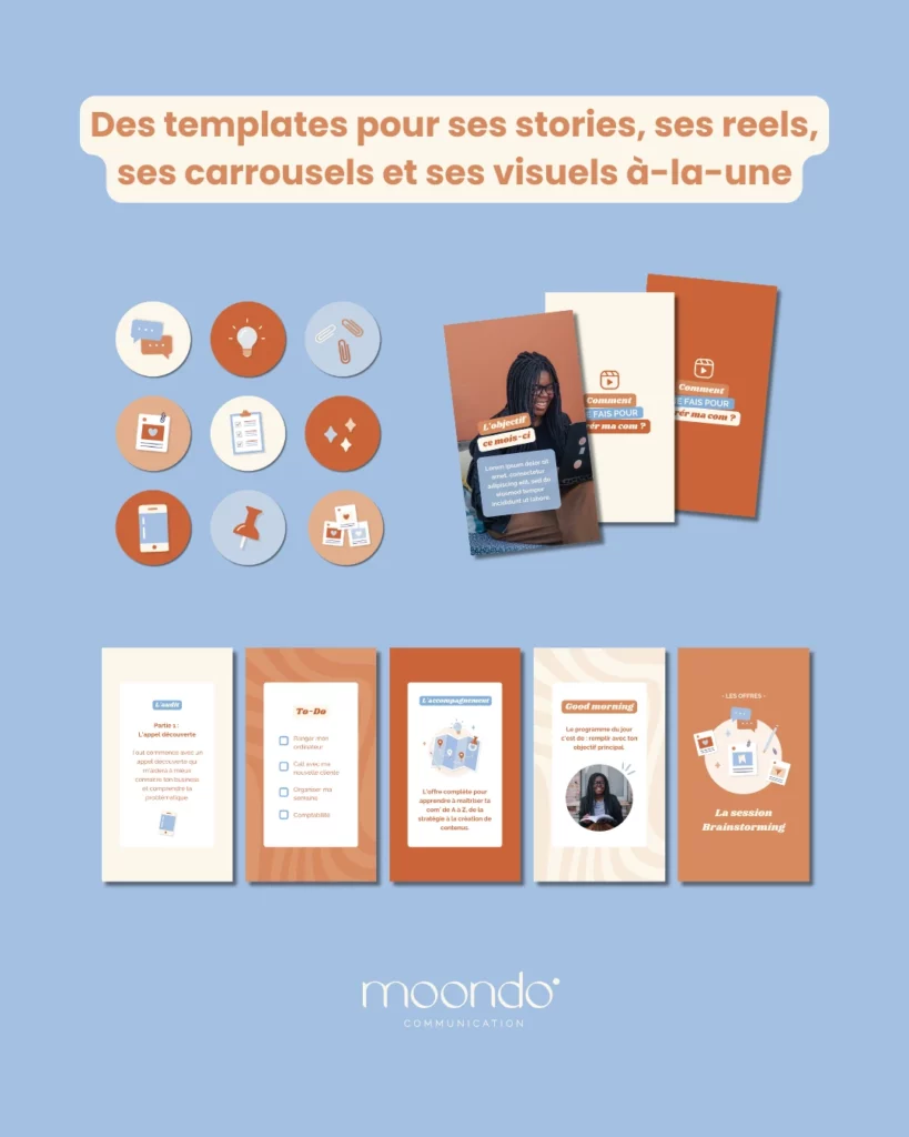 Kit réseaux sociaux Canva créés par Julie Goudier pour l'identité visuelle de Solene Mizele de Moondo communication