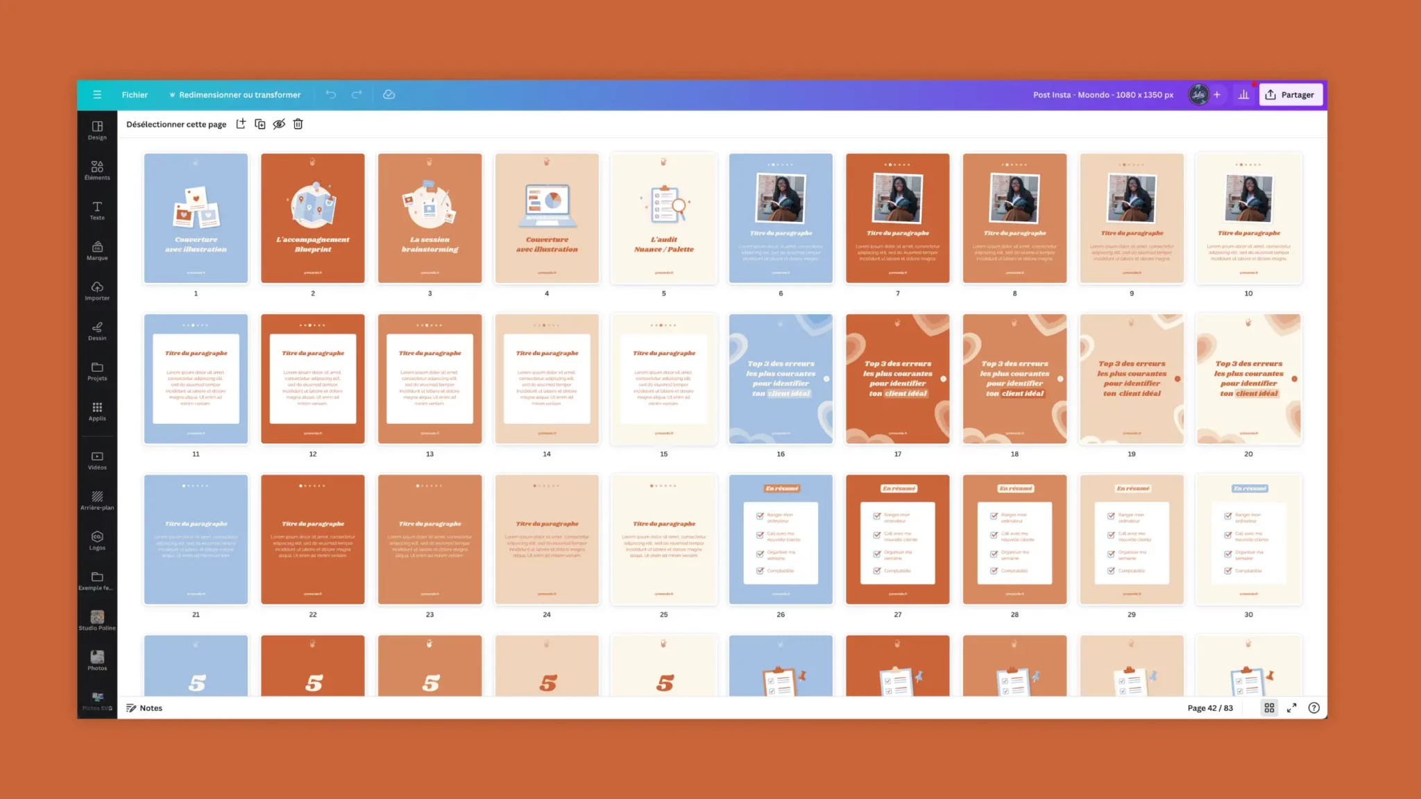 Kit réseaux sociaux Canva créés par Julie Goudier pour l'identité visuelle de Solene Mizele de Moondo communication