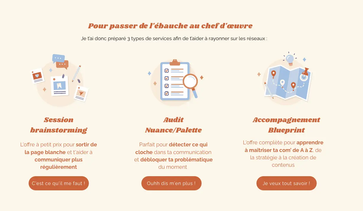 Illustration offres créée par Julie Goudier pour l'identité visuelle de Solene Mizele de Moondo communication
