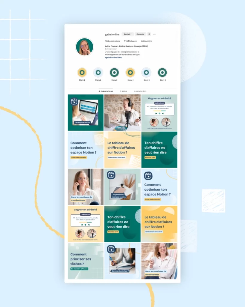 Kit Instagram Canva créé par Julie Goudier pour l'identité visuelle de Adèle Feyssat de Galini Online