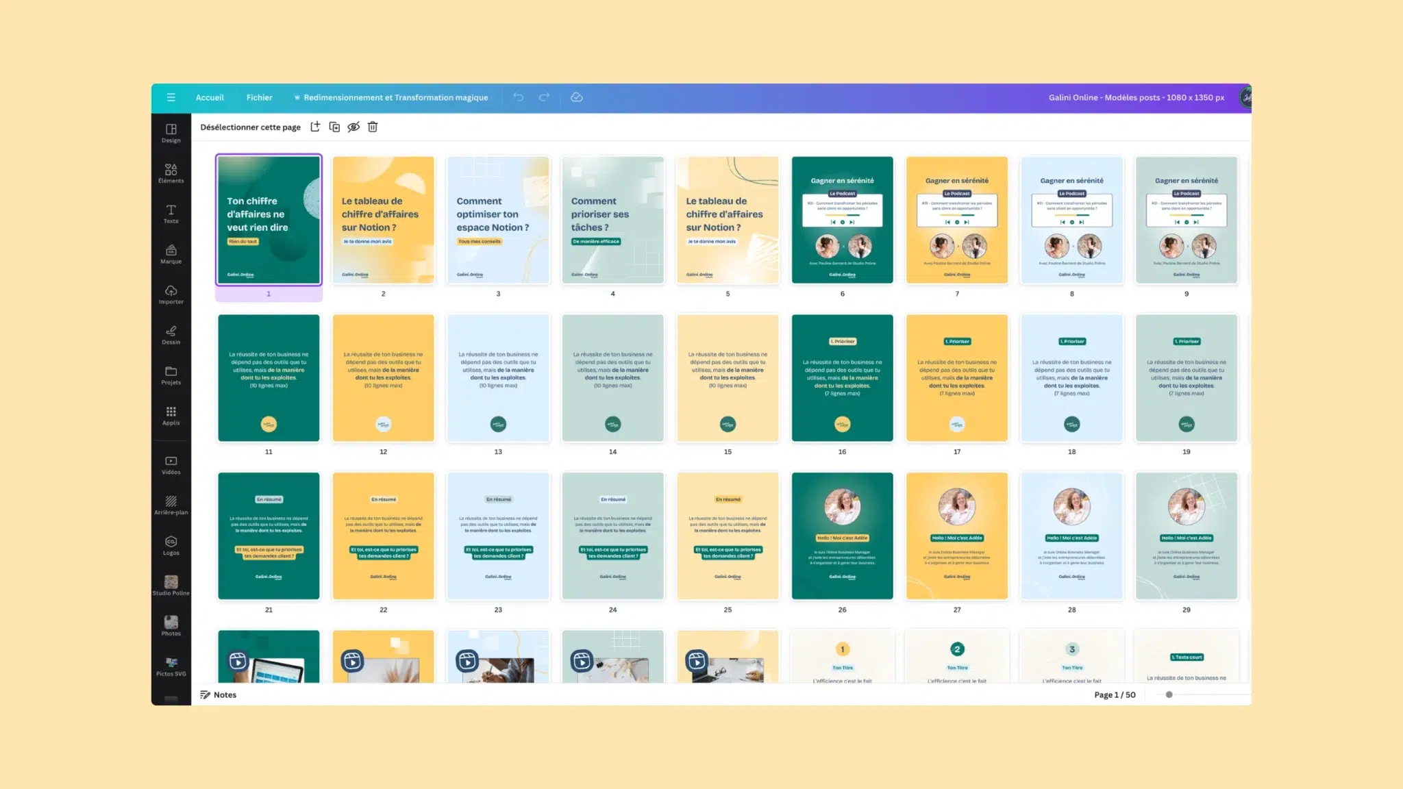 Modèles de posts pour Canva créés par Julie Goudier pour Adèle Feyssat de Galini Online