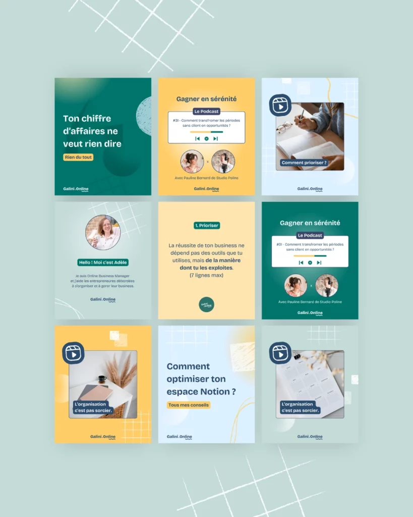 Kit instagram Canva créé par Julie Goudier pour l'identité visuelle de Adèle Feyssat de Galini Online