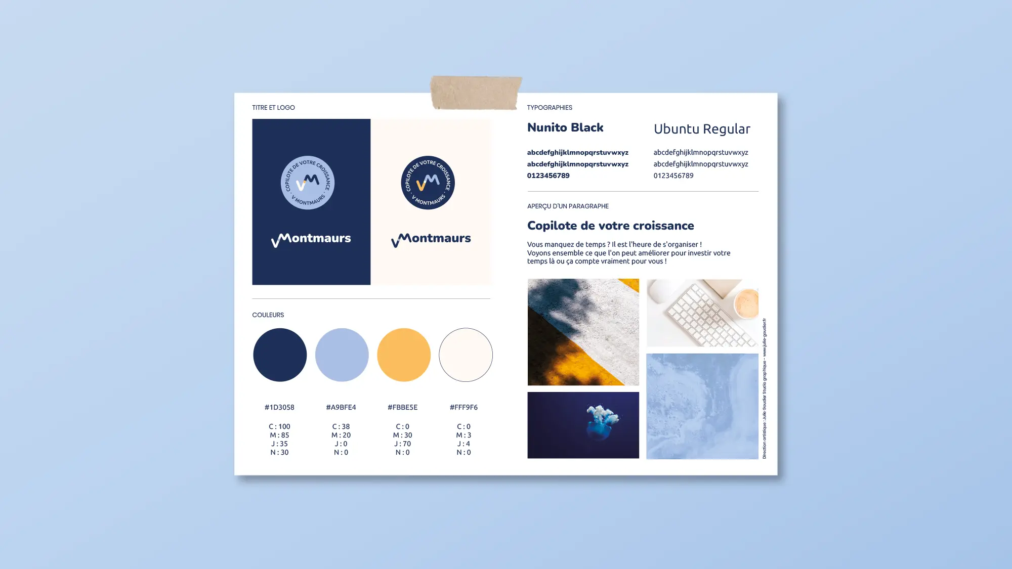 Brandboard créé par Julie Goudier pour l'identité visuelle de Valentin Montmaurs de l'entreprise VMontmaurs