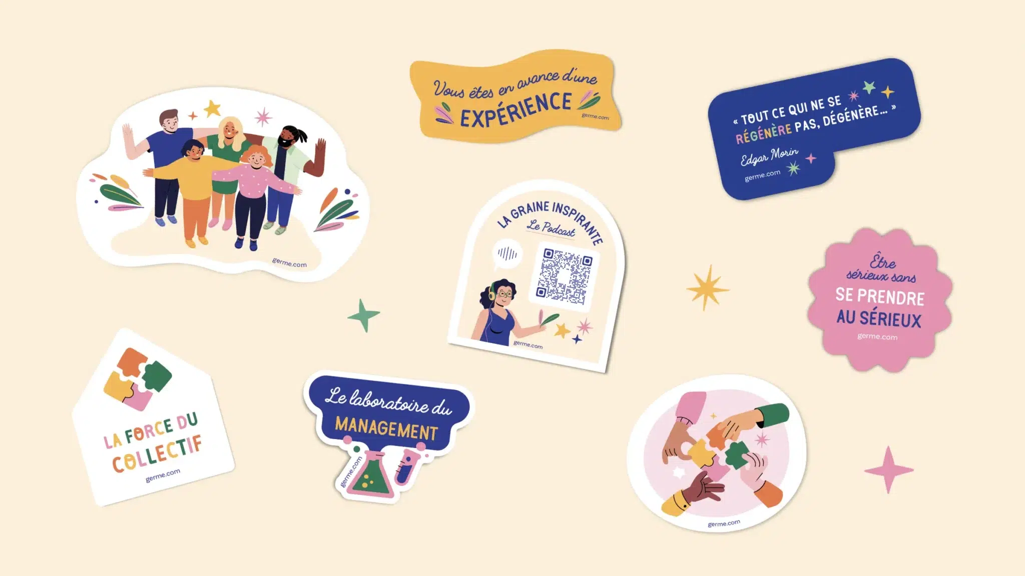 Illustrations stickers créées par Julie Goudier pour l'association Germe, réseau des managers